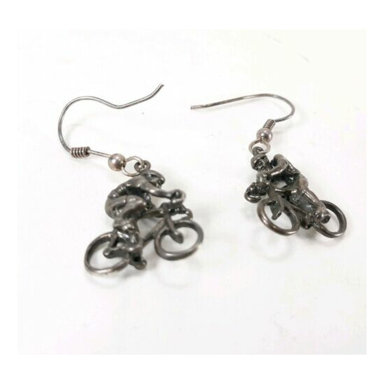 Vintage Sterling Silver 925 3D Bicycle/Bicyclists Dangle Hook Earrings 